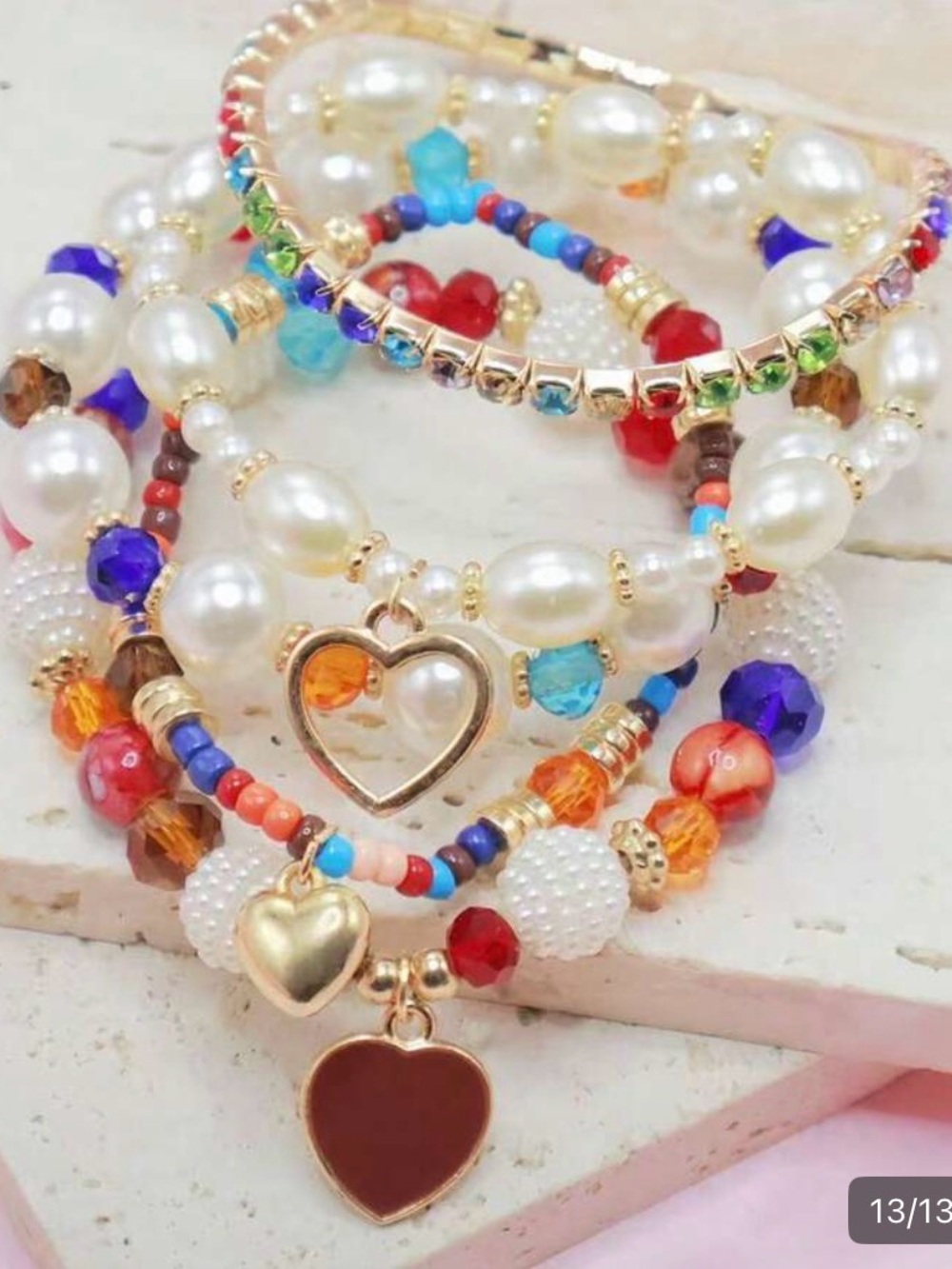 Gold Heart Charm Multi-Color Pearl & Bead Bracelet Set